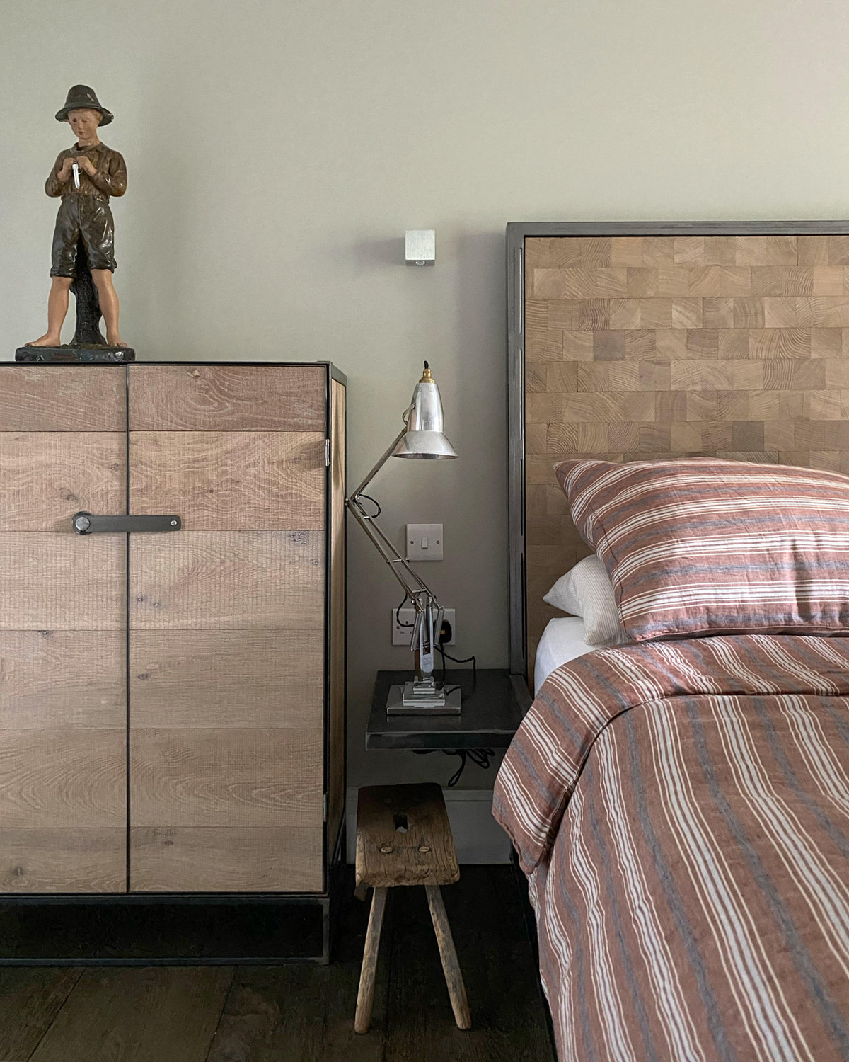 Steel bed frame and bedside cupboard